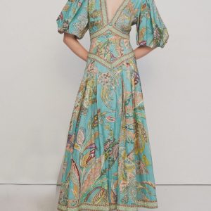 Printed Floral Satin Vintage Midi Dress