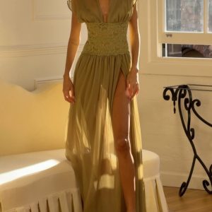 Lace V-Neck Slit Elegant Maxi Dress